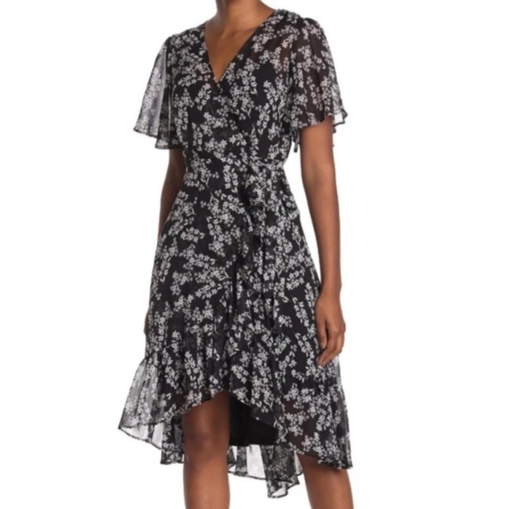 NWT Calvin Klein Black & White Floral Ruffle Faux Wrap Midi Dress Sz 4